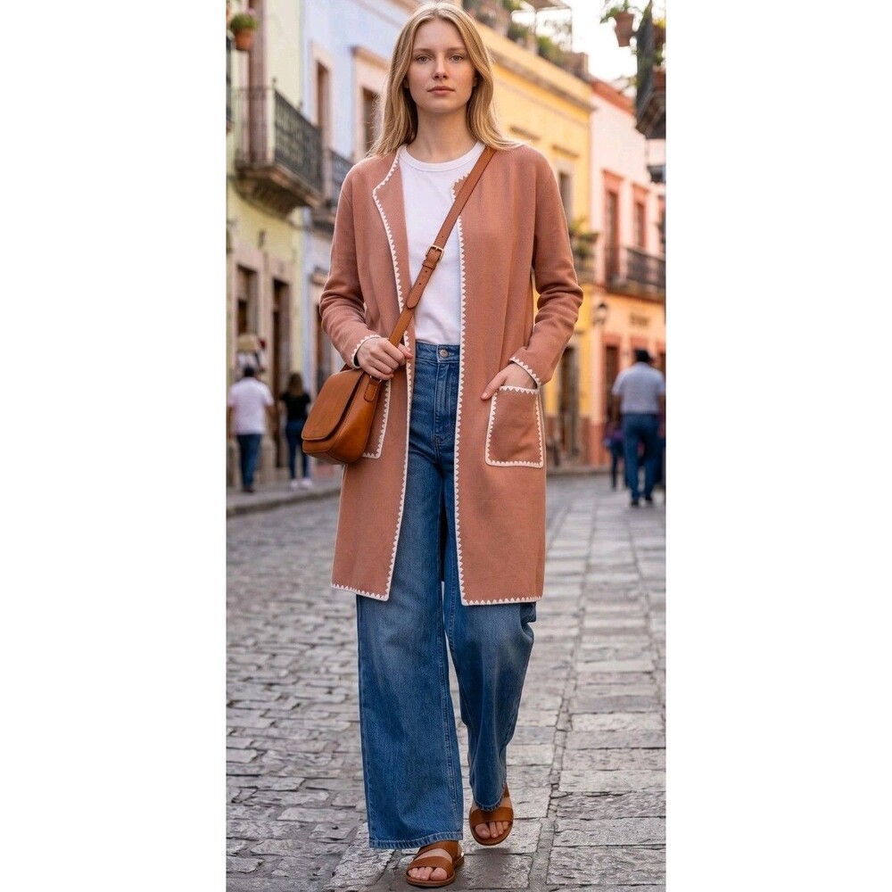 Long Cardigan Sweater Jacket M Camel Beige Stitch Lightweight Lagen Layer